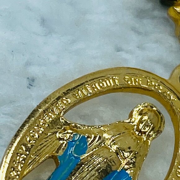 Vintage Gold-Tone Bow & Virgin Mary Religious Brooch Pin Blue Enamel Accents - Picture 12 of 16